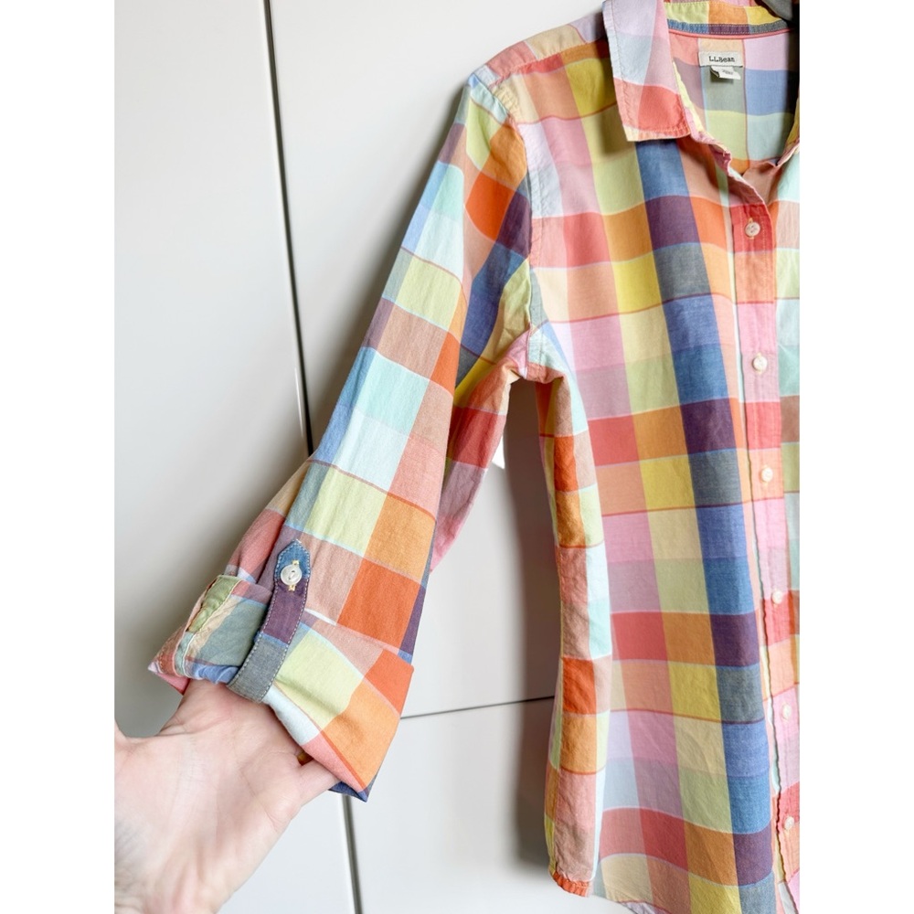 L.L. Bean Multicolor Patchwork Plaid Button Down … - image 5